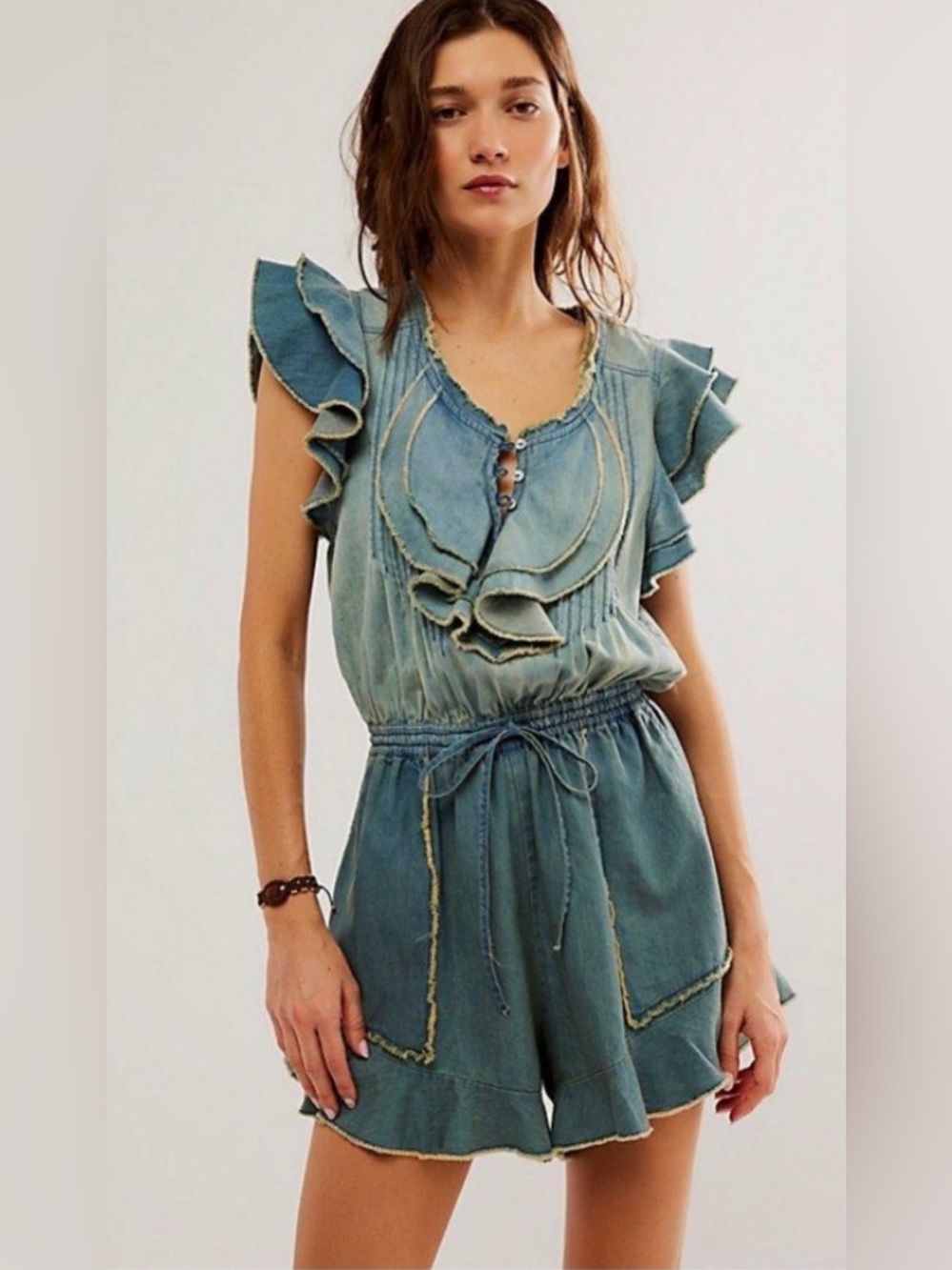 BNWT Free People Chambray Denim Ruffle Romper